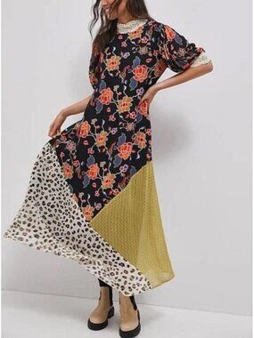 Anthropologie Soniya Maxi Dress Verb by Pallavi Singhee crochet collar mix print